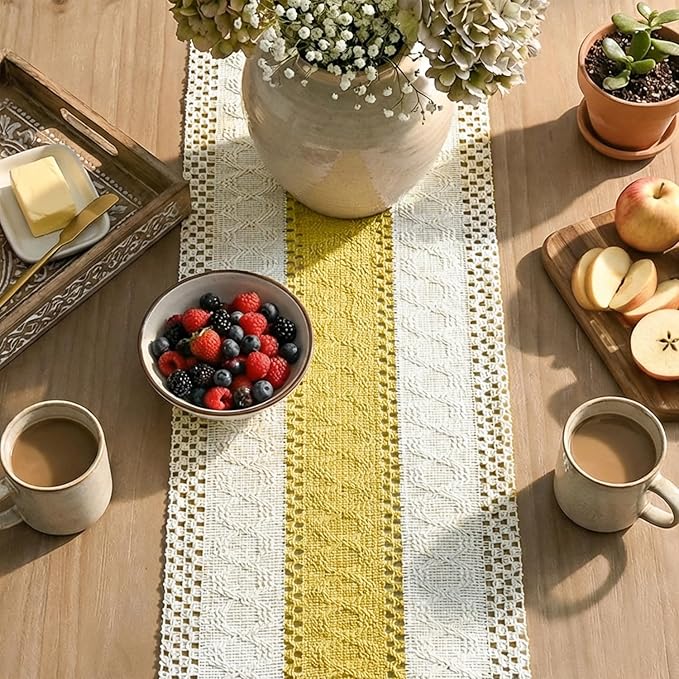 Artoid Mode Yellow Farmhouse Rustic Table Runner, Seasonal Holiday Hollow Kitchen Dining Table Decoration for Home Party Decor 12x108 Inch