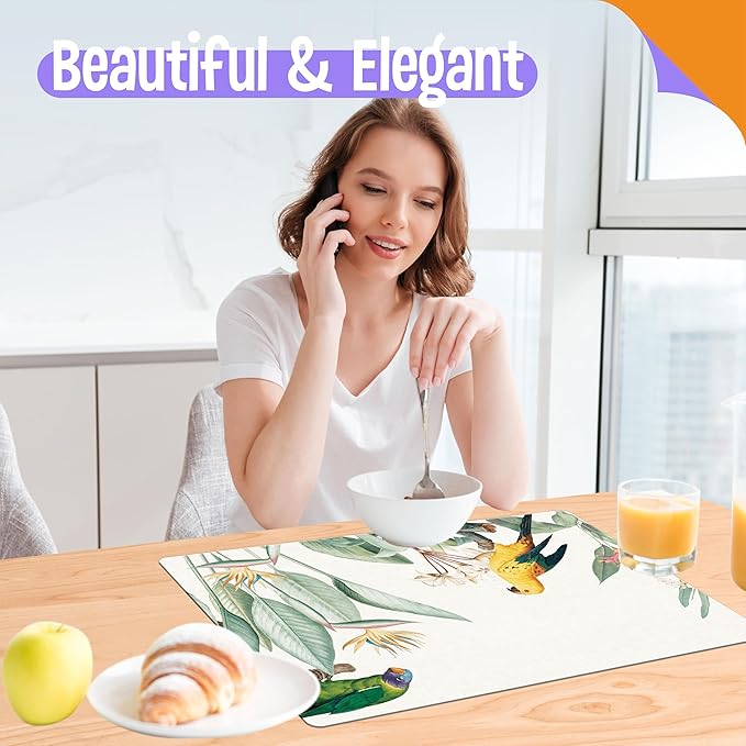 6 Pack Elegant Placemats, Non-Slip Washable, Reusable Placemat - Plants, Flowers Birds, Nature Theme Placemats for Home, Office, Restaurant, Dining Table, Adults, Kids,