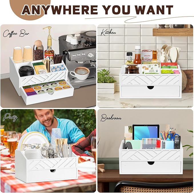 Coffee Bar Organizer with Drawer, Coffee Station Organizer for Countertop, Wood Coffee Bar Accessories Organizer for Coffee Bar Decor, Farmhouse Coffee Cup Pod Holder Condiment Organizer(White)