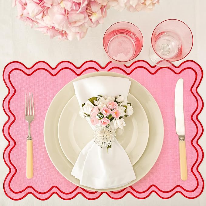 Whaline Pink Red Placemats Embroidered Scalloped Kitchen Place Mats for Wedding Baby Shower Party Home Dining Table Decor, Set of 6, 13 x 19 in
