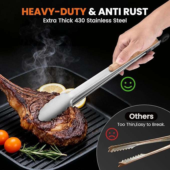 12-Inch Stainless Steel Kitchen Tongs for Cooking,Locking Metal Tongs with Oak Wood Handles,Cooking Tongs for Grilling,BBQ,Serving and Outdoor Barbecue,Heavy Duty,Heat-Resistant and Durable