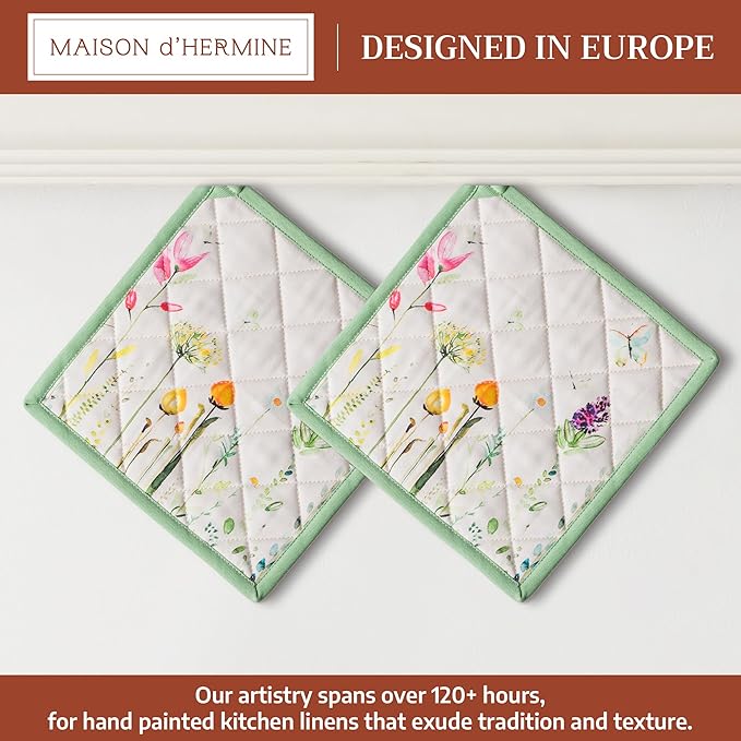 Maison d' Hermine Pot Holders 100% Cotton Heat Resistant Potholders 8" x 8" Hot Pads with Loop BBQ Cooking Baking Gifts for Mothers Day Handling Hot Pans Spring/Summer(Pack of 2, Botanical Fresh)
