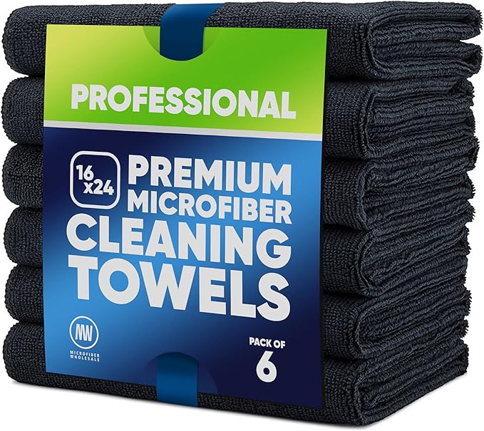 Microfiber Wholesale 16" x 24" Pro Multi Surface Microfiber Towels | 6 Pack (Black)
