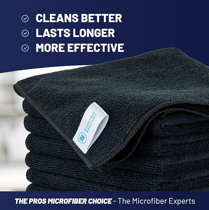 MW PRO Microfiber Cleaning Cloths Black (12 Pack, 12x12) - Commercial Janitorial Towels & Lint Free Rags - Heavy Duty for Auto Detailing, Glass Windows, Housekeeping & Screens - Washable 300+ Times