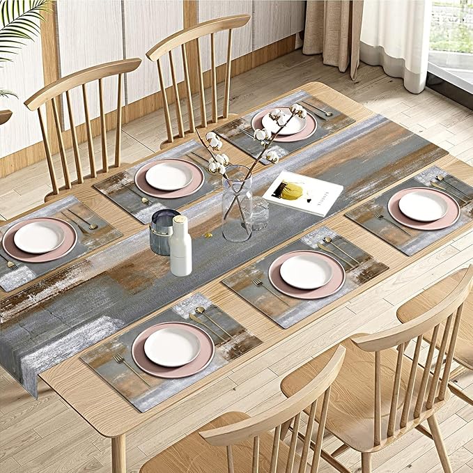 Emvency Brown Abstract Painting Black Grey Table Runner and Placemats Set of 6,White Black Grey Modern Art Dining Decor for Daily Use(1 Table Runner 72 inches Long and 6 Placemats)