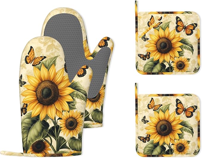 Vintage Sunflower Silicone Oven Mitts and Pot Holders,Butterfly Heat-Resistant 4 Piece Kitchen Set Non-Slip Oven Gloves and Hot Pads for Cooking, Baking, Grilling,BBQ