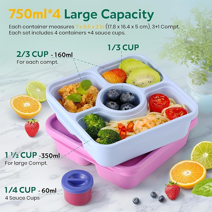 QQKO Bento Snack Box Containers for Adults Kids, Meal Prep Containers Reusuable Bento Lunch Box, Lunchable Food Storage Containers with Lids and Sauce Cups, Grape