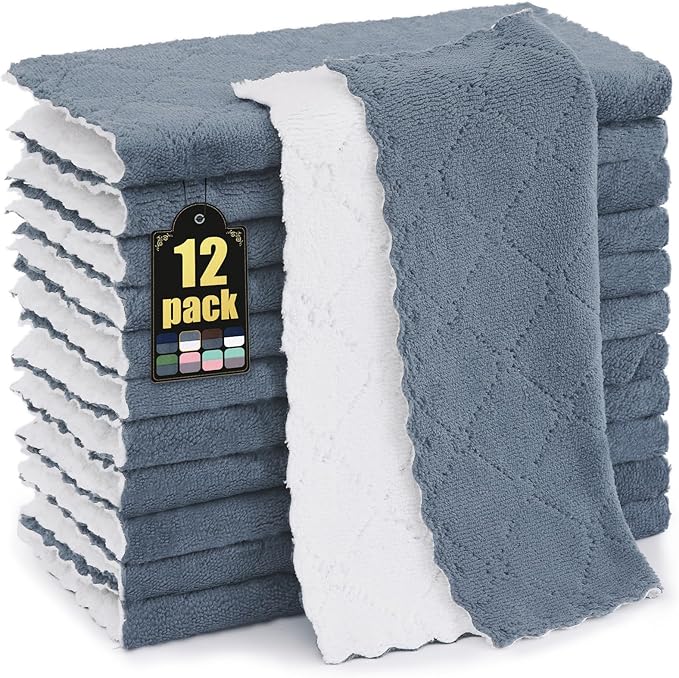 Mordimy 12 Pack Kitchen Cloths Dish Towels (10" x 10", Dark Grey & White), Super Soft and Absorbent Dish Cloths, Coral Velvet Microfiber Cleaning Cloth, Nonstick Oil Fast Dry Dishcloths