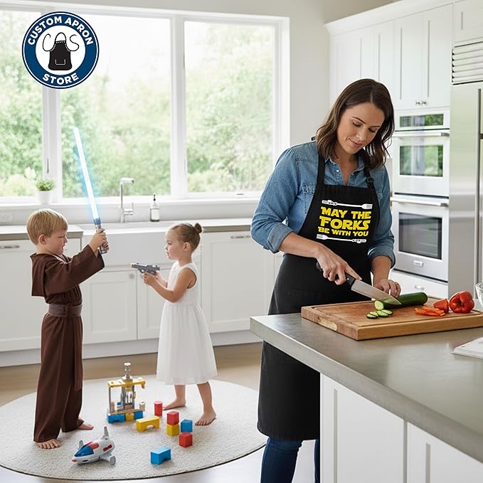 Adult Cooking Apron | May The Forks Be With You | BBQ Grill or Kitchen Apron with Pockets | Fun Grilling Accessories