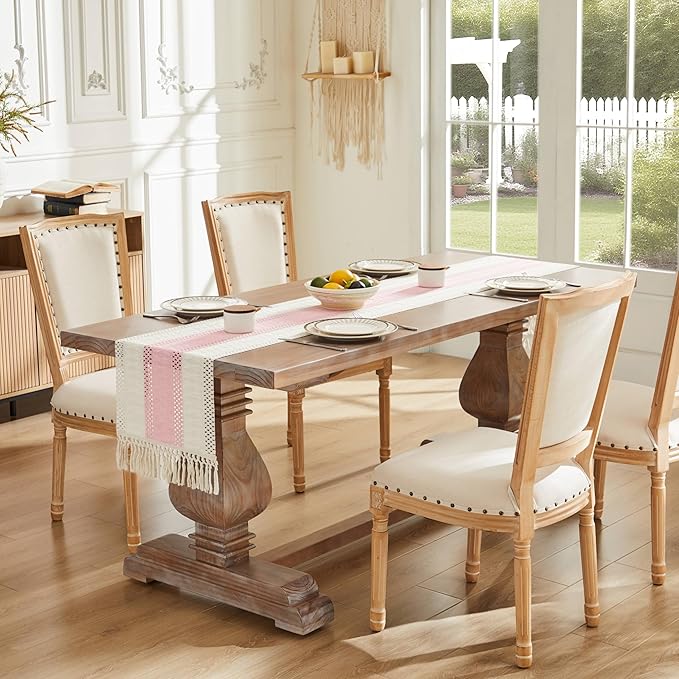 ZeeMart Macrame Style Bicolor Stitching Table Runner, 14 x 60 Inch Light Pink/Ivory, Boho Pink Table Runners 60 Inches Long, Farmhouse Woven Home Decor