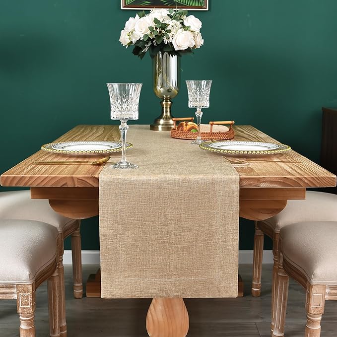 NEWISHER Farmhouse Rustic Table Runner Solid Flaxen Rectangular Table Runners Faux Linen Table Runner for Everyday Use Kitchen Dining Party Table 13x48 Inch