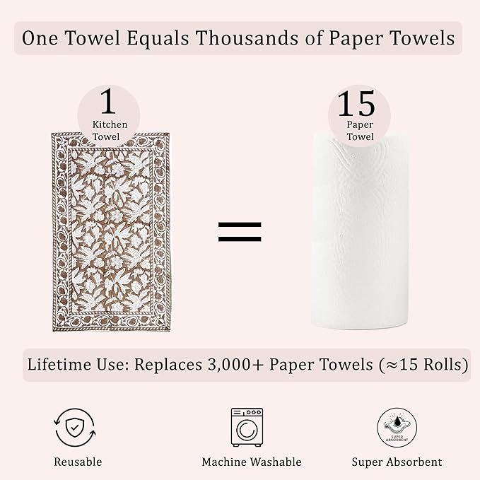 Ridhi Oak Brown Hand Block Print Waffle Kitchen Towel Set of 3-16 x28 Ultra Absorbent Quick Dry 100% Cotton Dish Towels Lightweight Reusable Sustainable Tea Towels for Cleaning and Drying