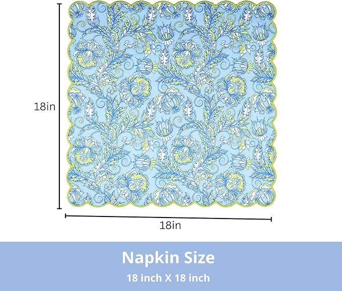 PurpleEssences Scalloped Embroidery Kalamkari Cloth Napkins - Spring Easter Summer - Table Decor - 100% Cotton - Set of 4-18x18 inch - Light Blue Edges - Sage Green