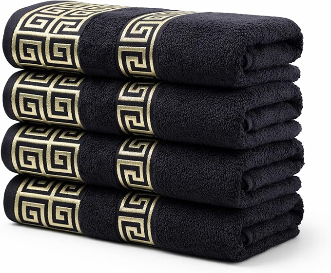 Luxury 4 Piece Hand Towel Set with Greek Key Design - 100% Cotton Soft & Absorbent Bathroom 19x35 in Large Towels - Quick Dry Black Hand Towels for Spa, Hotel & Home Use BB1