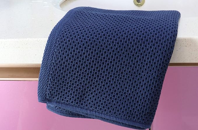 Mia's Dream Cotton Face Waffle Weave Tea Towels, Soft Absorbent Bath Guest Gym Towel Washcloths, 13"x28", 3 Pack (Navy Blue)