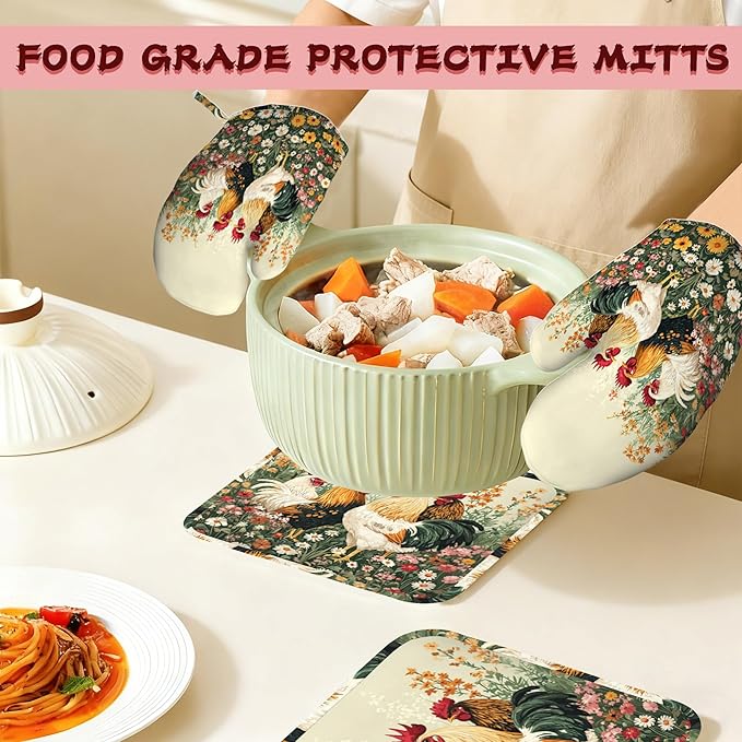 Chicken Rooster Farm Flower Heat-Resistant Silicone Oven Mitts and Pot Holder 4 Piece Set,Non-Slip Kitchen Oven Gloves for Baking, BBQ, Cooking,Grilling