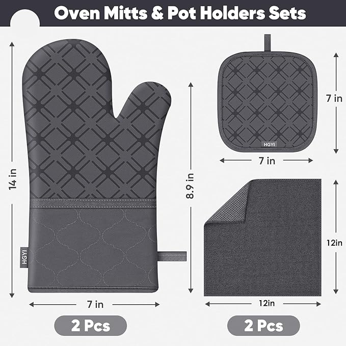 Oven Mitts and Pot Holders Set with Dishcloths, 500 Degree Heat Resistant Oven Gloves and Hot Pads, Premium Soft Cotton Kitchen Mittens and Dish Cloth Sets-Deep Grey
