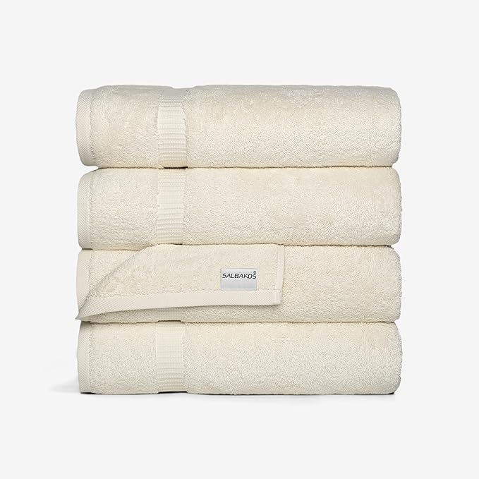 SALBAKOS 100% Turkish Cotton Bath Towel Set of 4, 27x54 inch | Premium Quality | Hotel & Spa Collection | Ultra Soft, Super Absorbent, Long Lasting Bath Towels | Made in Turkey (Ivory, 4 Bath Towels)