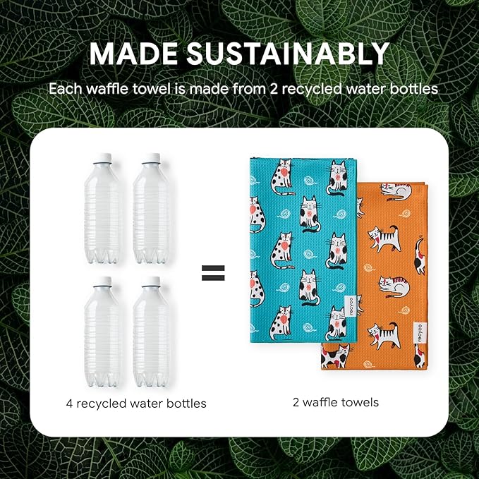 RECYCO Waffle Kitchen Towel Set of 2 - Quick Dry Microfiber Sustainable Dish Towels - Ultra Absorbent Reusable Cleaning Tea Towels - Lightweight Hand Towels,16”x 28”, Cuddly Cats