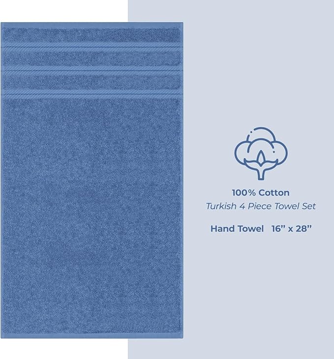 American Soft Linen Luxury Hand Towels for Bathroom, 600 GSM Heawy Weight 16x28 Size 100% Cotton Turkish 4 Piece Hand Face Towel Set, Electric Blue Hand Towels