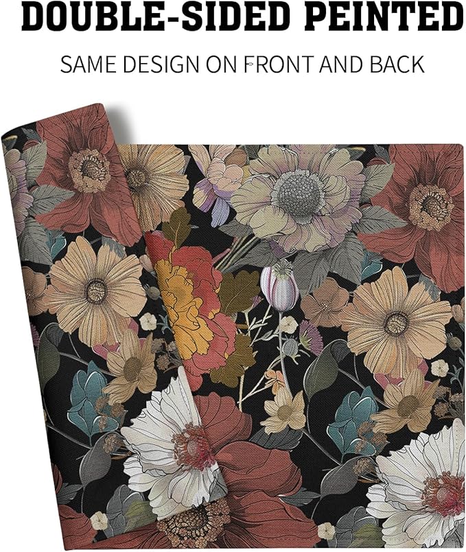 Giwawa Black Boho Floral Placemats Set of 4, 12"x18" Vintage Watercolor Flowers Table Mats, Rustic Retro Plant Heat Resistant Washable Linen Place Mat for Kitchen Dining Season Party Decor