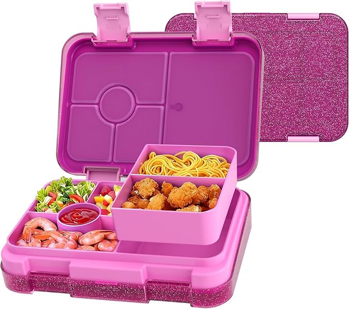 Bento Lunch Box for Kids, 6 Compartments BPA Free, Dishwasher Safe Back to School Snack Bento Lunch Containers Boxes, Ideal Portion Sizes for On-the-Go Meal, Shiny Rose