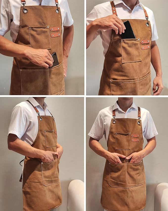 Chef Apron with Large Pockets for Women Men, Cotton Canvas Cross Back Water Repellent Adjustable Work Apron