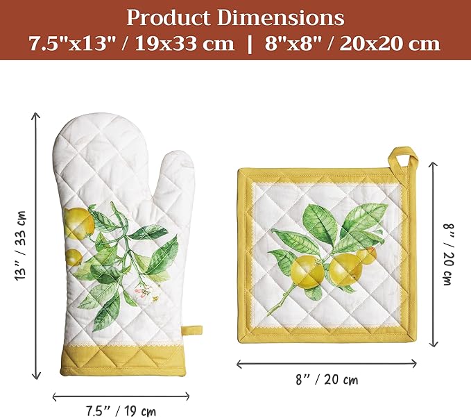 Maison d' Hermine 100% Cotton Oven Mitt & Pot Holder Set (7.5"x13" & 8"x8") Heat Resistant BBQ Cooking Gloves with Loop Baking Grilling Kitchen Gifts for Mothers Day Spring/Summer (Limoncello)