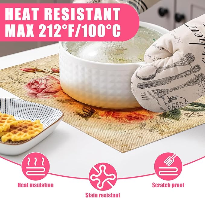 Vintage Rose Placemats Set of 6,12x18 Inch Spring Floral Linen Place Mat Washable Stain Resistant Table Mats for Spring Summer Seasonal Farmhouse Kitchen Party Home Decor