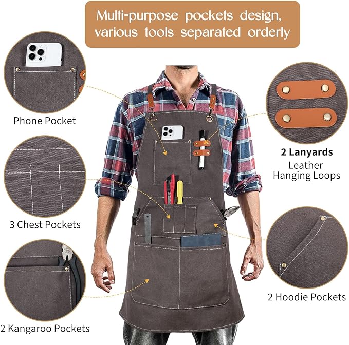 Work Aprons for Men Women with 9 Pockets Chef Apron 14oz Cotton Canvas Cross Back Aprons Heavy Duty Apron Gray Tool Apron for Woodworkers Kitchen Cooking Apron Waterproof Apron Size M to XXL
