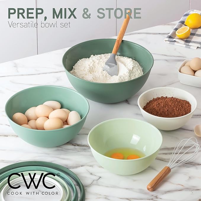 COOK WITH COLOR Mixing Bowls with Lids - 12 Piece Plastic Nesting Bowls Set includes 6 Prep Bowls and 6 Lids, Microwave Safe Mixing Bowl Set, Sage Tritan Lid
