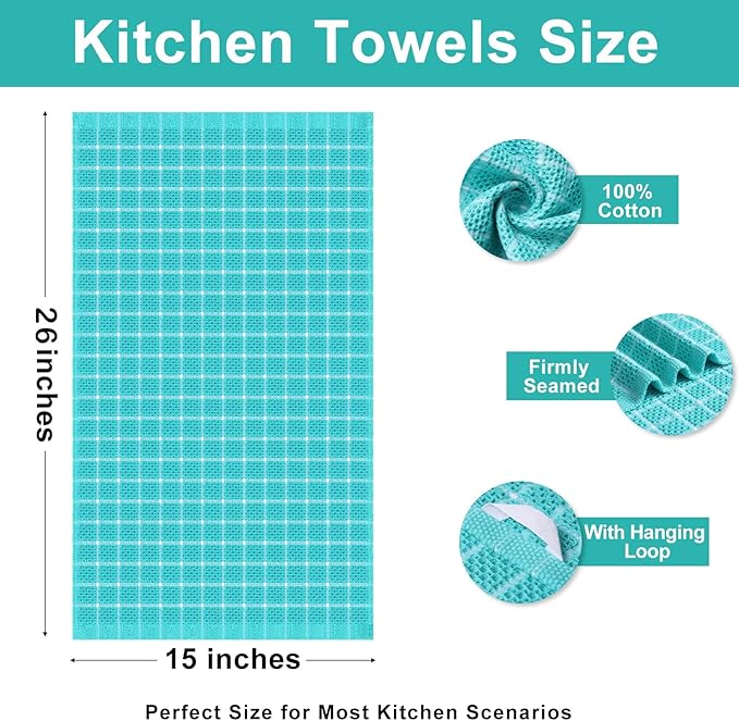 Homaxy 100% Cotton Kitchen Towels 8 Pack-15 X 25 Inches, Check Design Waffle Weave Hand Tea Towels, Super Soft and Absorbent Dish Towel for Drying Dishes, Aqua
