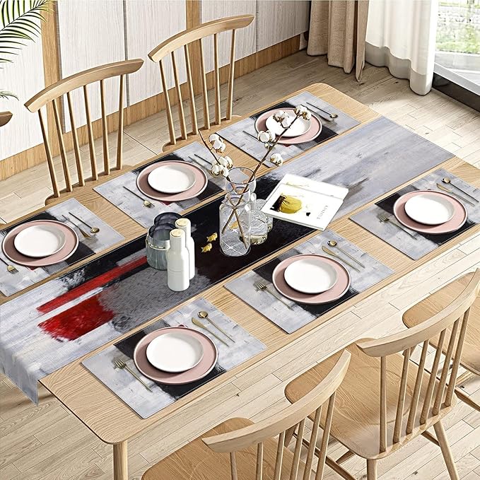 Emvency Abstract Table Runner and Placemats Set of 6, Modern Red Black Grey White Painting Art Dining Decor for Daily Use(1 Table Runner 72 inches Long and 6 Placemats)