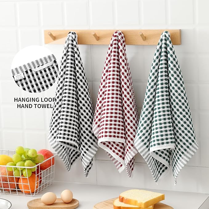 SALAS Cotton Dish Towels Cloths for Kitchen Drying Dishes, Lattice Terry Kitchen Towels, Highly Absorbent Kitchen Cloths with Hanging Loop, 16‘’ x 26‘’, 6 Packs, Wine Red Black and Green