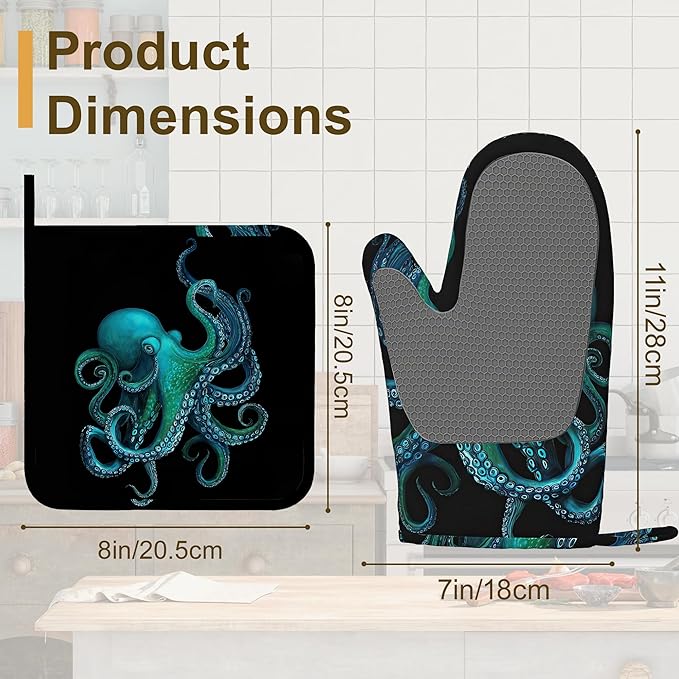 Oven Mitts and Pot Holders Green Octopus Silicone Kitchen Accessories Set of 4 Heat Resistant Gloves Potholder Non-Slip Grip for Chef Cooking Baking Grilling BBQ