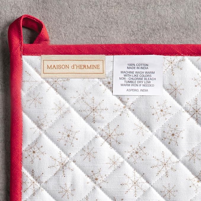 Maison d' Hermine 100% Cotton Oven Mitt & Pot Holder Set (7.5"x13" & 8"x8") Heat Resistant BBQ Cooking Gloves with Loop for Thanksgiving Christmas Decorations Handling Hot Pans (Chromo)