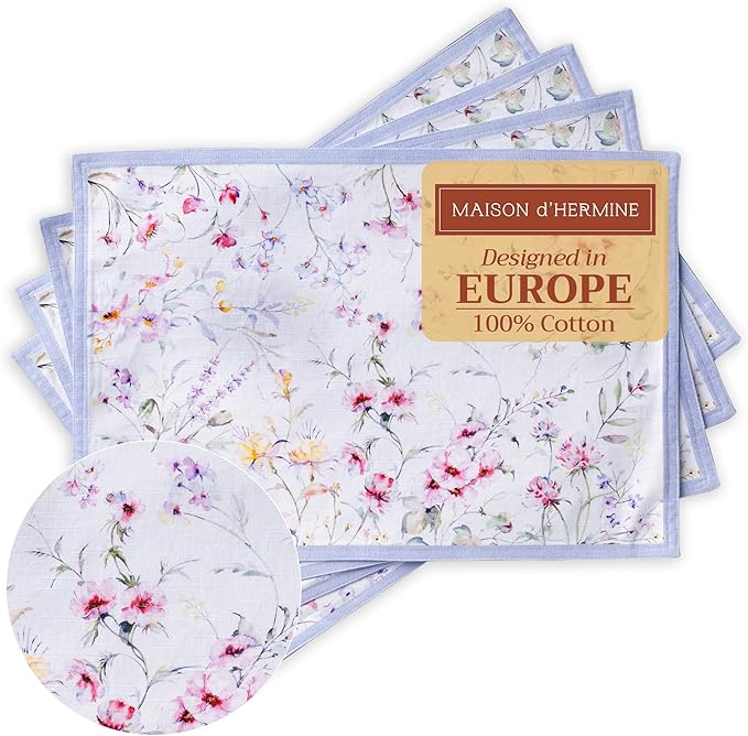 Maison d' Hermine Placemats Set of 4 100% Cotton Washable Cloth Place Mats Reusable Table Mats for Kitchen Dining Party Wedding Gifts for Mothers Day Spring/Summer (Summer Floral, 13" x 19")