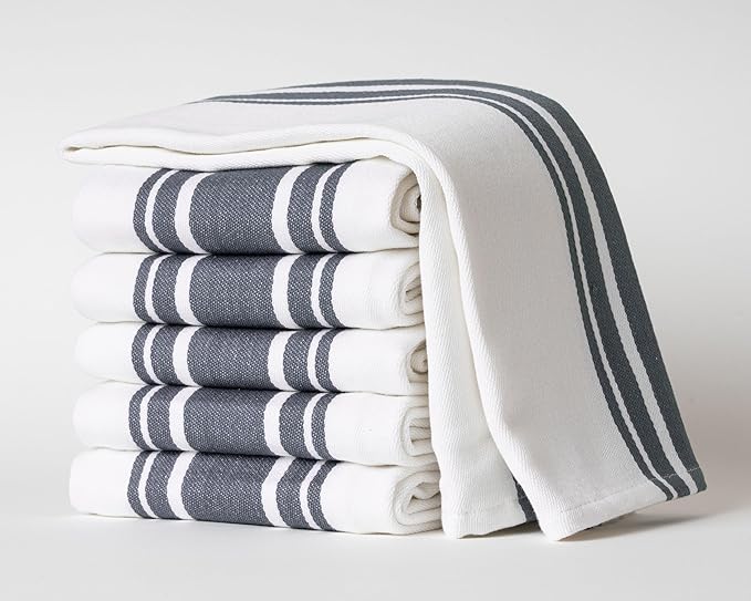 Kitchen Towels Set – Pack of 6 (20’’ x 30’’) Extra Large Premium Cotton Dish Towels for Kitchen – Super Striped Towels – Absorbent – 100% Cotton – with Hanging Loop – Dark Grey