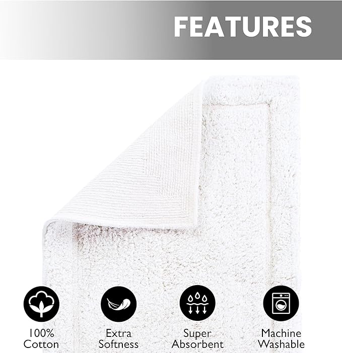 voyzz home Set of 2, Cotton Bathroom Bath Mat Rug White, 20" x32 INCH, Extra Soft, Non-Slip, Super Water Absorbent and Machine Washable for Bathroom, Floor, Tub & Shower
