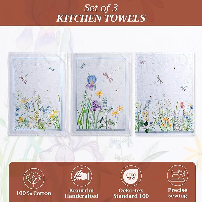 Maison d' Hermine Kitchen Towels Set of 3 100% Cotton 27.50" x 20" Reusable Cloth Tea Dish Towels Absorbent with Hanging Loop for Kitchen Gifts for Mothers Day Spring/Summer (Fleurs De Mai)