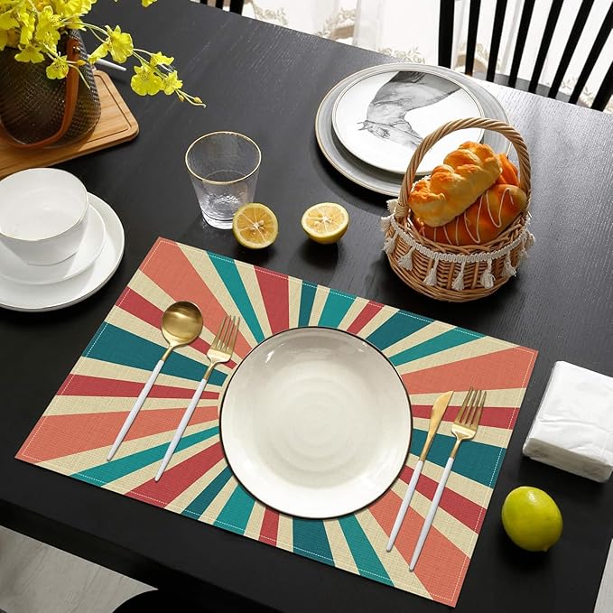 Boho Sun Placemats Set of 6, Washable Heat Resistant Table Mat Linen Place Mats for Party Kitchen Dining Home Decor 12x18 Inch