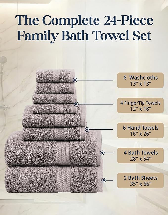 LANE LINEN Luxury Towels and Washcloths Sets - 24 PCs - 100% Ring Spun Cotton Soft Towel - Durable, Absorbent & Long Lasting Towels for Family - Housewarming Gift - Fade Resistant - Platinum