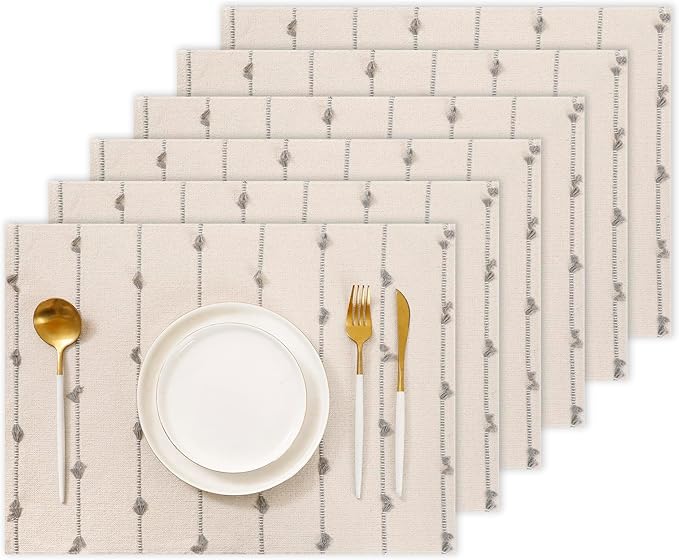 Boho Placemats 13 x 19 Inch Set of 6 for Dining Table Decor Woven Cloth Place Mats for Farmhouse Rustic Kitche Spring Home Decor Cotton Placemats Gray and Beige Table Mats