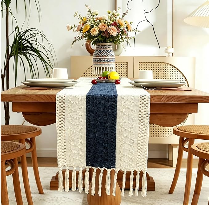 Boho Table Runner for Home Decor with Tassels 72 Inches Long Farmhouse Rustic Navy Blue Table Runner Macrame Burlap Table Decoration for Living Room Bridal Shower(12x72in)