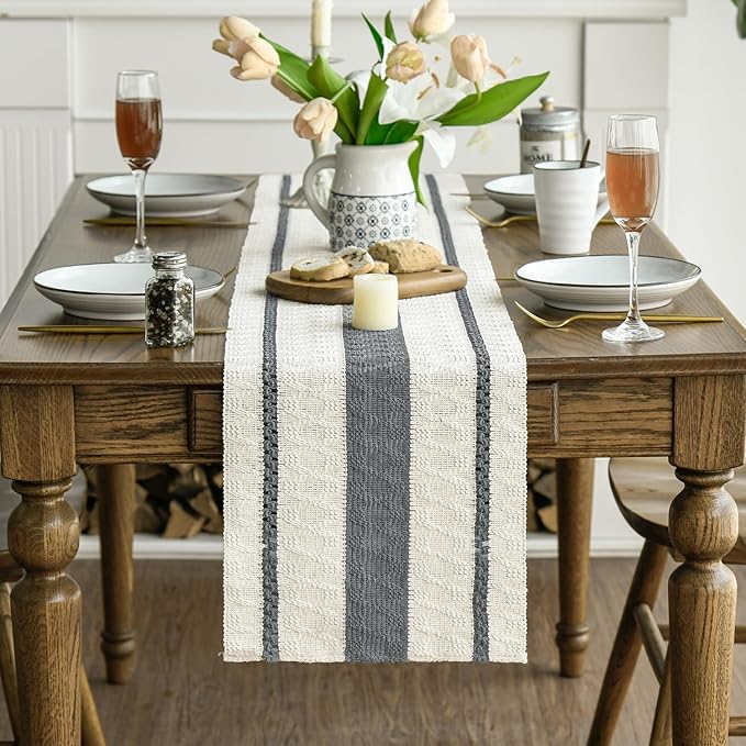 Artoid Mode Dark Grey Farmhouse Woven Rustic Table Runner, Seasonal Holiday Hollow Kitchen Dining Table Decoration for Home Party Decor 12x60 Inch
