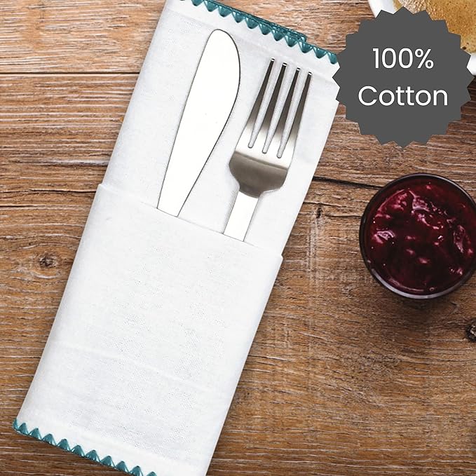 Cotton Clinic Cloth Napkins with Trim - Everyday Use Table Dinner Napkins - Soft Durable Washable - Ideal for Dinner Party Wedding Christmas Easter - Set of 12-20x20 inches Teal White Napkins