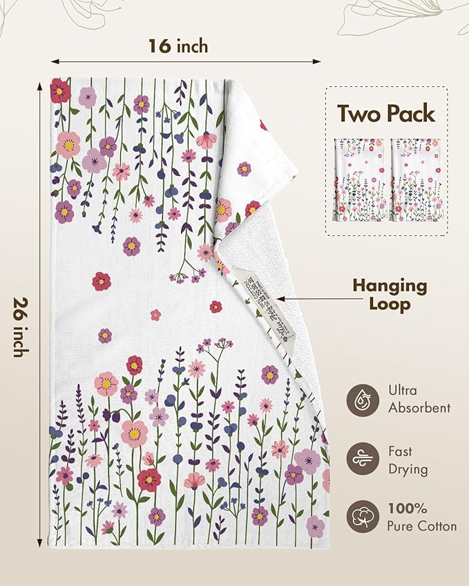Miss Adola Cotton Kitchen Towels Set of 2 - Cute Design 16×26 Inch Dish Towels for Kitchen with Hanging Loop Purple Flower Quick Dry Hand Towels Soft & Absorbent, Terry Cloth Decorative Tea Towels