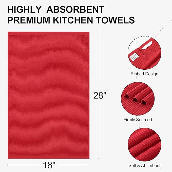 Homaxy Premium Kitchen Towels (18"x 28", 8 Pack), Large 100% Cotton Kitchen Hand Towels, Ultra Absorbent Ribbed Terry Tea Towels Set with Hanging Loop, Red