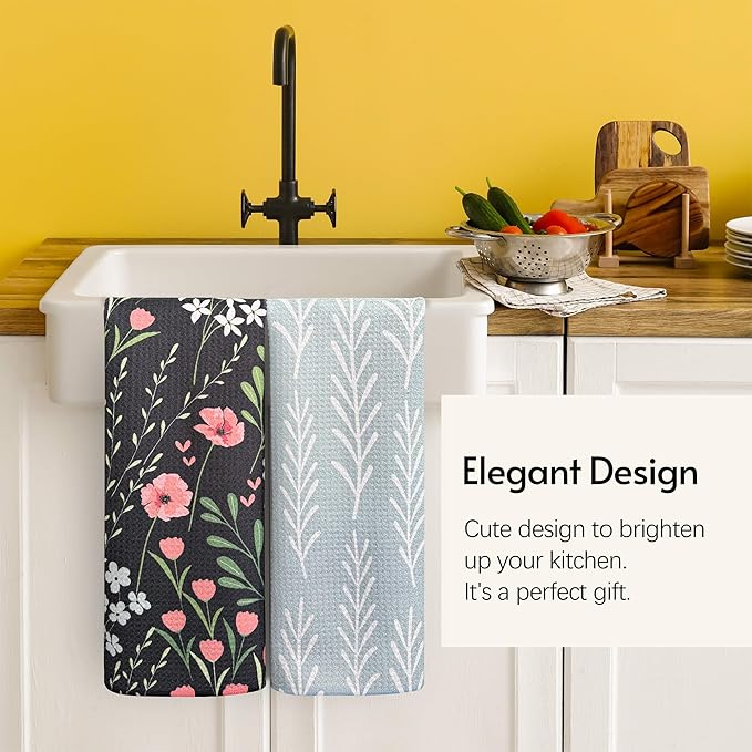 Eulnars Kitchen Towels, 18" x 30" Dish Towels for Kitchen Drying, Quick Dry Tea Towels, Premium Microfiber Dish Cloths, Midnight Bloom Series, 2-Pack