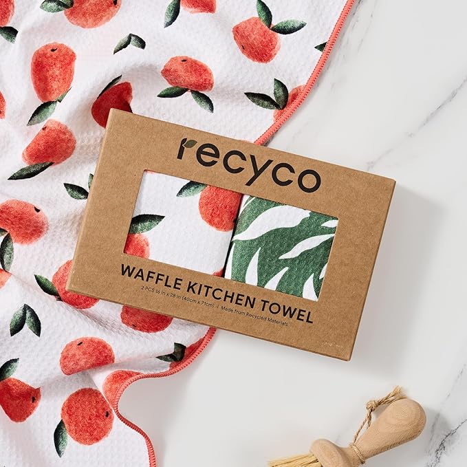 RECYCO Waffle Kitchen Towel Set of 2 - Quick Dry Microfiber Sustainable Dish Towels - Ultra Absorbent Reusable Cleaning Tea Towels - Lightweight Hand Towels,16”x 28”, Peachy Leaves